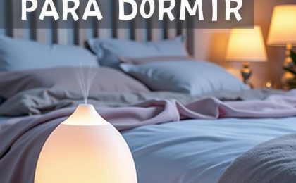 magem de um quarto aconchegante com iluminação suave, cortinas blackout e um difusor de aromas, criando um ambiente ideal para dormir melhor.