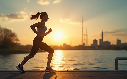 Pessoa cheia de energia praticando exercícios ao ar livre pela manhã para aumentar produtividade e disposição